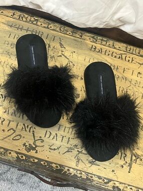French Connection Black Faux-Fur Slide Slippers